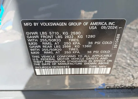 2025 Volkswagen Atlas 2.0T Se W/Technology from USA, damaged, VIN 1V2JR2CA1SC500372